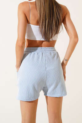 Çizgili İp Bağcıklı Şort Mavi - Thumbnail