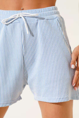 Çizgili İp Bağcıklı Şort Mavi - Thumbnail