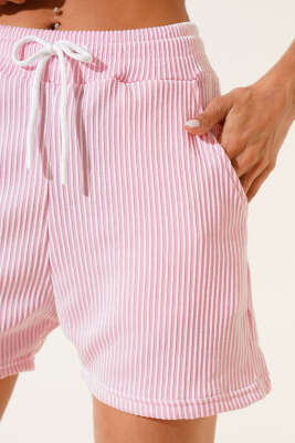 Çizgili İp Bağcıklı Şort Pembe - Thumbnail