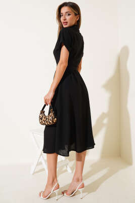 Yarasa Kol Kuşaklı Elbise Siyah - Thumbnail