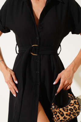 Yarasa Kol Kuşaklı Elbise Siyah - Thumbnail