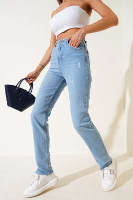 Pazarium - Boru Paça Kesikli Kot Pantolon Açık Mavi