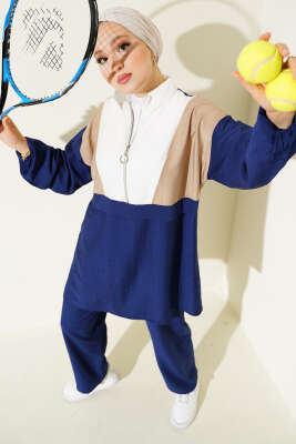 Pazarium - Garnili Yarım fermuarlı İkili Takım Lacivert