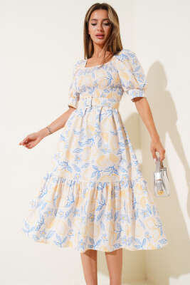 Pazarium - Gipeli Mini Çiçekli Kemerli Midi Elbise Sarı Mavi