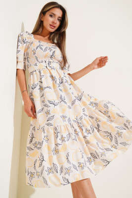 Pazarium - Gipeli Mini Çiçekli Kemerli Midi Elbise Bej Siyah