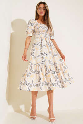 Gipeli Mini Çiçekli Kemerli Midi Elbise Bej Siyah - Thumbnail