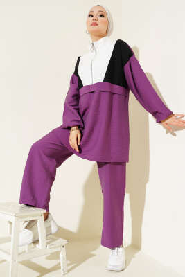 Pazarium - Garnili Yarım fermuarlı İkili Takım Magenta