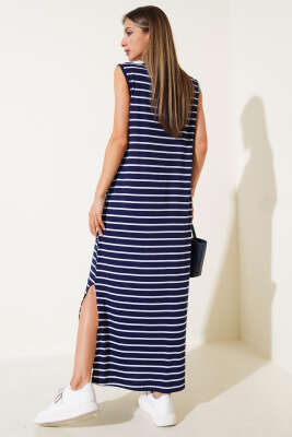 Çizgili Yırtmaçlı Elbise Lacivert - Thumbnail