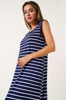 Çizgili Yırtmaçlı Elbise Lacivert - Thumbnail