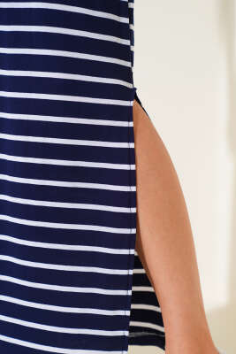 Çizgili Yırtmaçlı Elbise Lacivert - Thumbnail