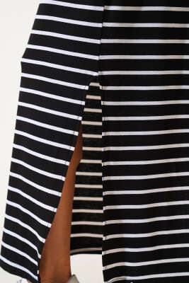 Çizgili Yırtmaçlı Elbise Siyah - Thumbnail