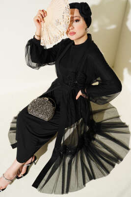 Pazarium - Arma Detaylı Tül Abaya Siyah