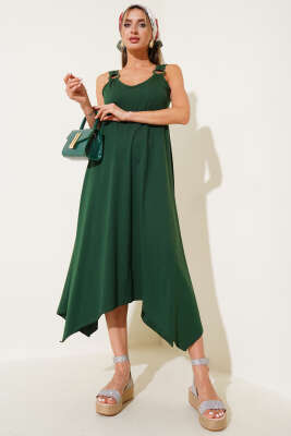 Pazarium - Halka Detaylı V Yaka Elbise Yeşil