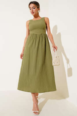 Pazarium - Sırtı U Yaka Elbise Çağla Yeşili