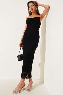 Pazarium - Şeffaf Askılı Dantelli Elbise Siyah