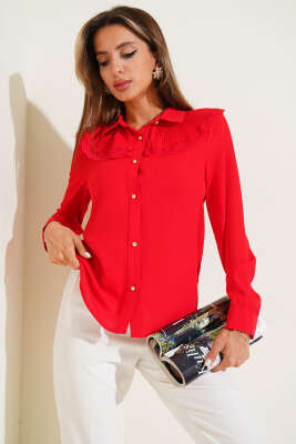 Pazarium - Yaka Dantelli Pliseli Gömlek Kırmızı