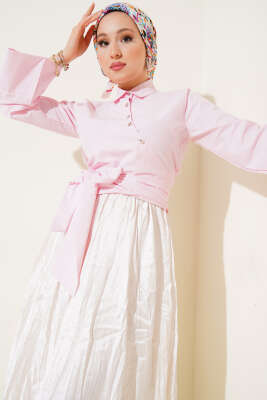 Pazarium - Yandan Bağlamalı Çapraz Düğmeli Kısa Gömlek Pembe