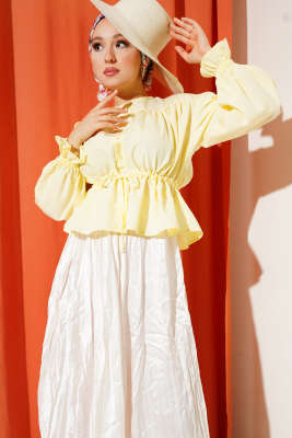 Pazarium - Bilek Lastikli Bel Tünelli Kısa Gömlek Sarı