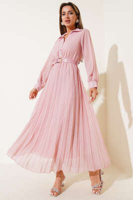 Pazarium - Bel Lastikli Pileli Kemerli Şifon Elbise Pudra