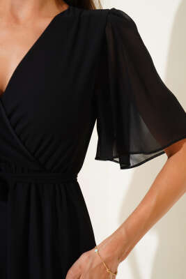 Kruvaze Yaka Fırfırlı Midi Şifon Elbise Siyah - Thumbnail