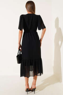Kruvaze Yaka Fırfırlı Midi Şifon Elbise Siyah - Thumbnail