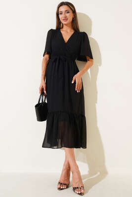 Kruvaze Yaka Fırfırlı Midi Şifon Elbise Siyah - Thumbnail