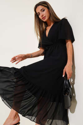 Kruvaze Yaka Fırfırlı Midi Şifon Elbise Siyah - Thumbnail