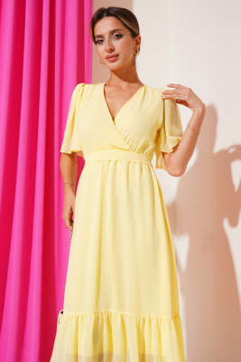 Kruvaze Yaka Fırfırlı Midi Şifon Elbise Sarı - Thumbnail