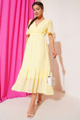 Kruvaze Yaka Fırfırlı Midi Şifon Elbise Sarı - Thumbnail