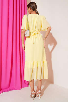 Kruvaze Yaka Fırfırlı Midi Şifon Elbise Sarı - Thumbnail