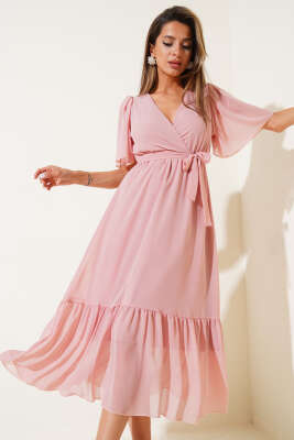 Kruvaze Yaka Fırfırlı Midi Şifon Elbise Gül Kurusu - Thumbnail