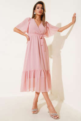 Kruvaze Yaka Fırfırlı Midi Şifon Elbise Gül Kurusu - Thumbnail