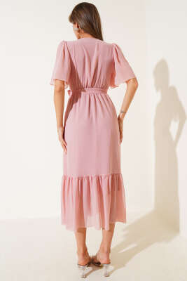 Kruvaze Yaka Fırfırlı Midi Şifon Elbise Gül Kurusu - Thumbnail