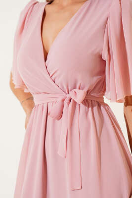 Kruvaze Yaka Fırfırlı Midi Şifon Elbise Gül Kurusu - Thumbnail