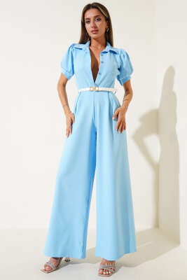 Pazarium - Gömlek Yaka Kemerli Kısa Kol Tulum Mavi