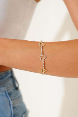 Pazarium - Su Yolu Taşlı Kalpli Bileklik Gold