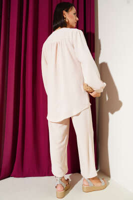 V Yaka Brit Düğmeli Ayrobin İkili Takım Bej - Thumbnail