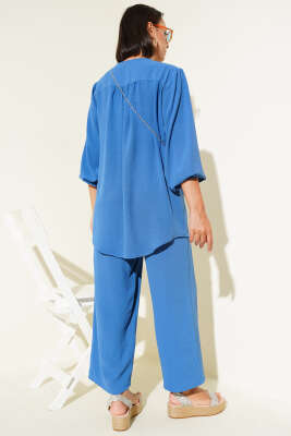 V Yaka Brit Düğmeli Ayrobin İkili Takım Indıgo - Thumbnail