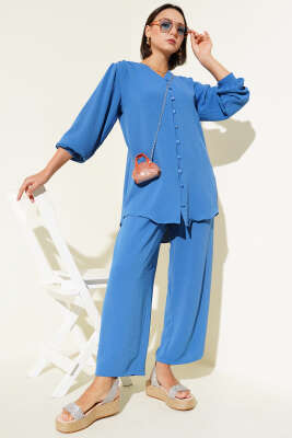 V Yaka Brit Düğmeli Ayrobin İkili Takım Indıgo - Thumbnail