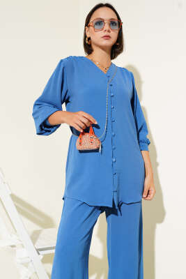 V Yaka Brit Düğmeli Ayrobin İkili Takım Indıgo - Thumbnail