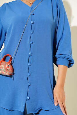 V Yaka Brit Düğmeli Ayrobin İkili Takım Indıgo - Thumbnail