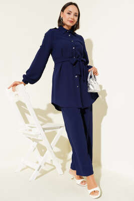 Pazarium - Belden Bağlamalı Omuz Düğmeli İkili Takım Lacivert