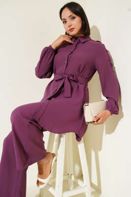 Pazarium - Belden Bağlamalı Omuz Düğmeli İkili Takım Magenta