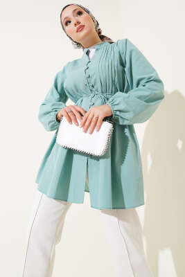 Pazarium - Brit Düğmeli Nervürlü Tunik Mint