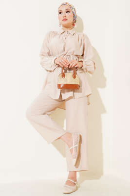 Pazarium - Gömlek Yaka Bel İp Kuşaklı İkili Takım Bej