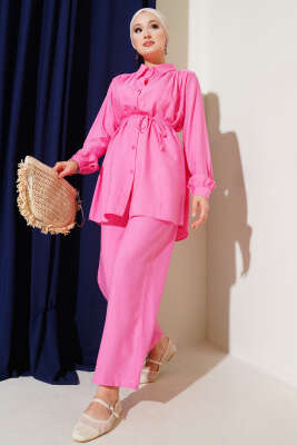 Pazarium - Gömlek Yaka Bel İp Kuşaklı İkili Takım Pembe