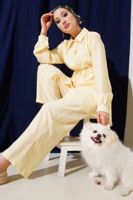 Pazarium - Gömlek Yaka Bel İp Kuşaklı İkili Takım Sarı