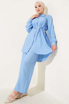 Pazarium - Gömlek Yaka Bel İp Kuşaklı İkili Takım Mavi