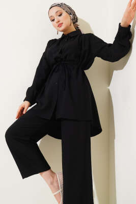 Pazarium - Gömlek Yaka Bel İp Kuşaklı İkili Takım Siyah