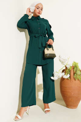 Pazarium - Belden Bağlamalı Omuz Düğmeli İkili Takım Zümrüt